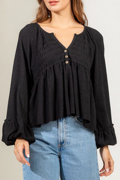 Blusa informal de cuello en V con botones y frunces de color liso para uso diario (5 colores)