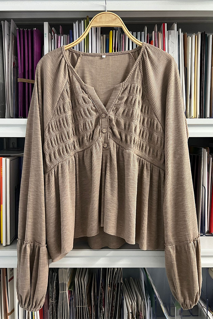 Blusa informal de cuello en V con botones y frunces de color liso para uso diario (5 colores)