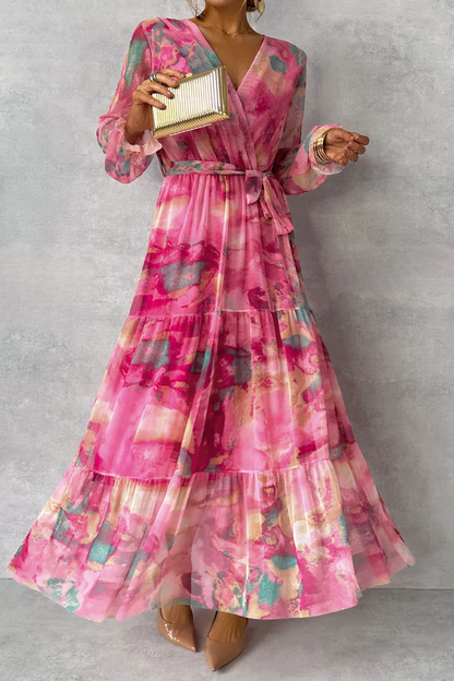 Elegante vestido de corte A con escote en V, volantes, cordones y estampado degradado