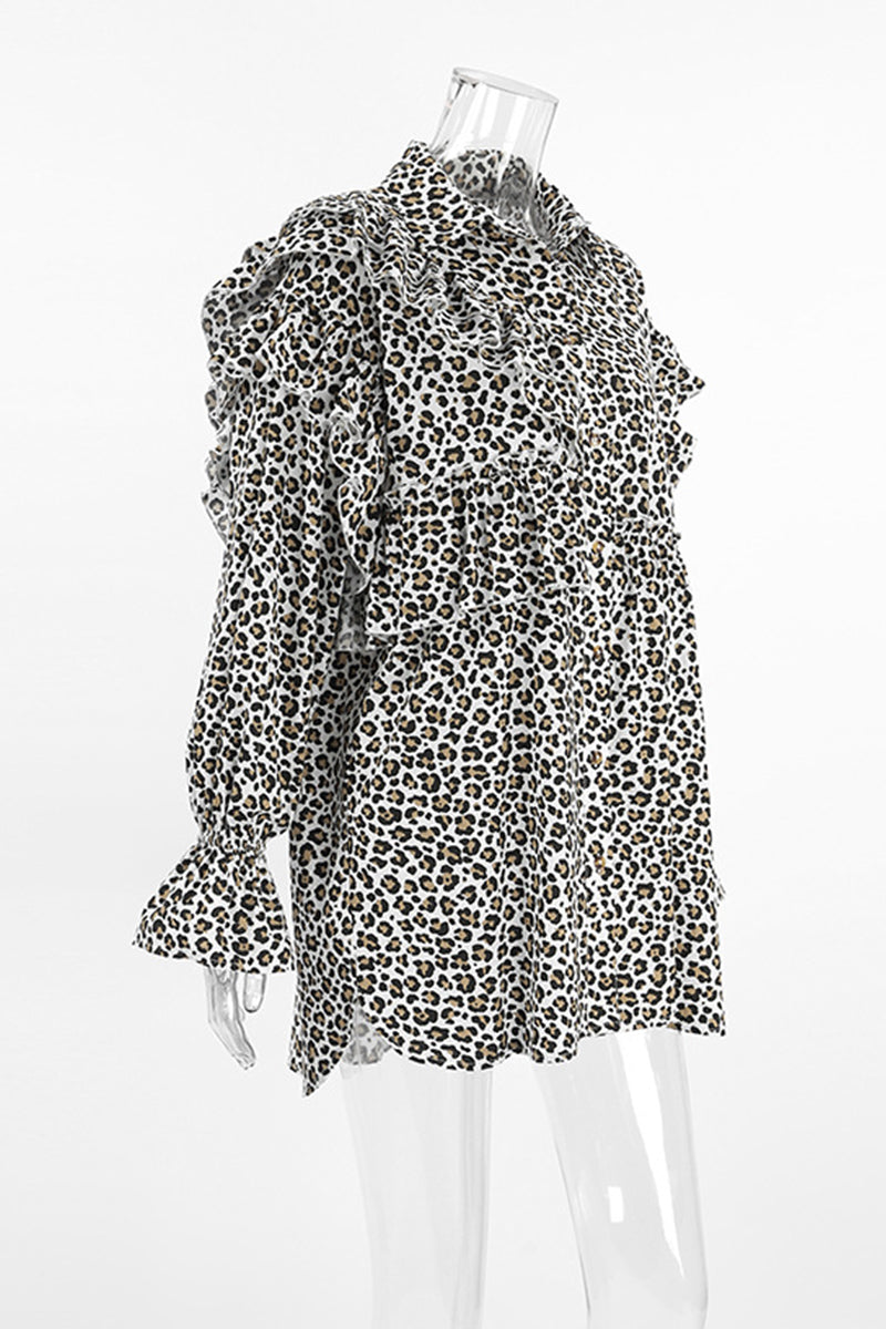 Vestidos camiseros casuales con cuello vuelto y volantes con estampado de leopardo