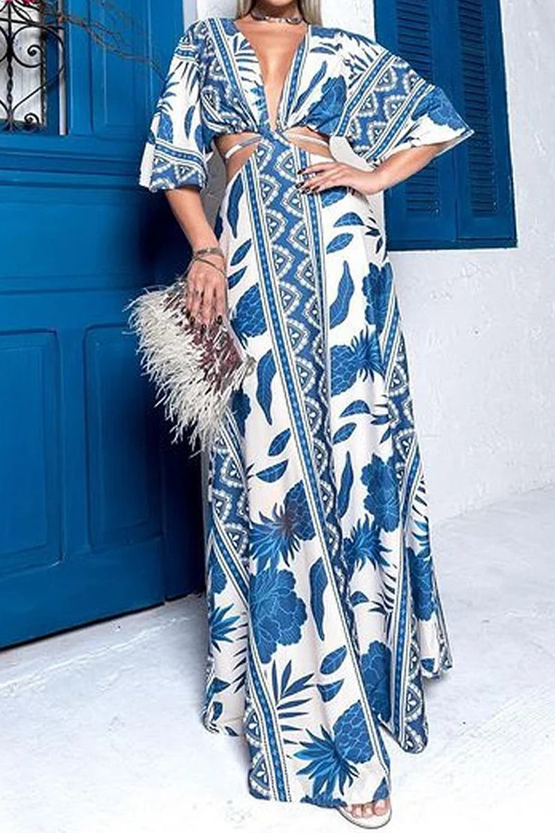 Vestidos estampados elegantes de vacaciones con cuello en V y estampado floral calado