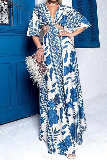 Vestidos estampados elegantes de vacaciones con cuello en V y estampado floral calado