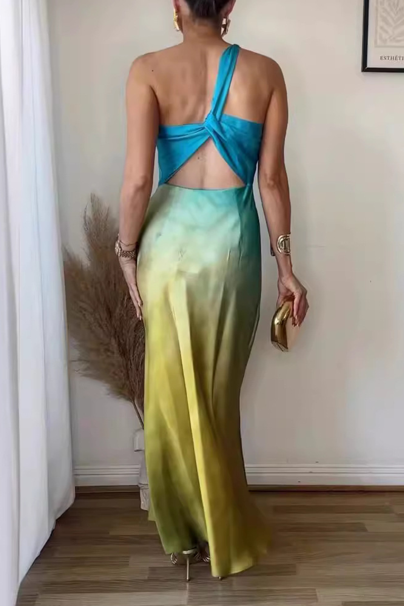 Vestido sexy de una sola pieza con hombros descubiertos, estampado degradado y contraste en la espalda