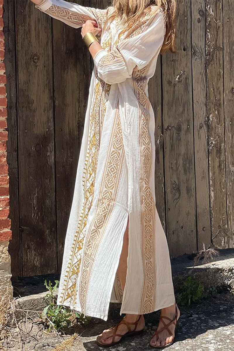 Vestidos camiseros casuales con cuello vuelto y bolsillos con estampado geométrico