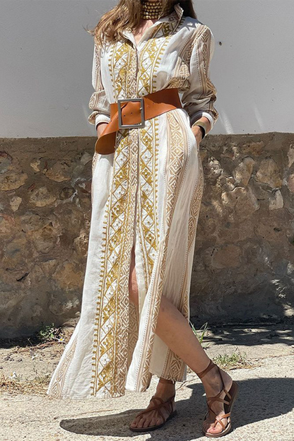 Vestidos camiseros casuales con cuello vuelto y bolsillos con estampado geométrico