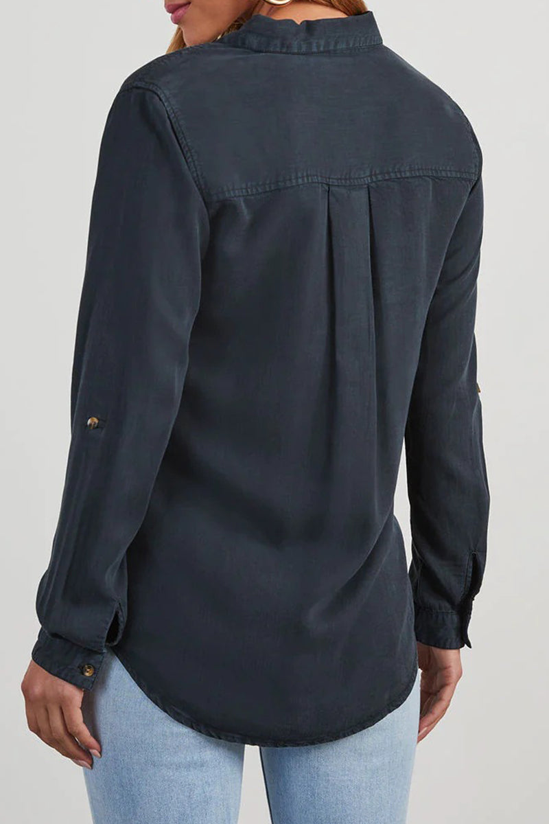 Blusas casuales de uso diario, de color liso, con bolsillos, botones y cuello vuelto (4 colores)