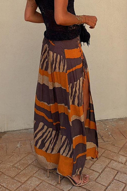 Pantalones casuales de vacaciones con estampado de rayas, con cordones, aberturas en contraste, sueltos, de cintura alta, tipo A, con estampado completo