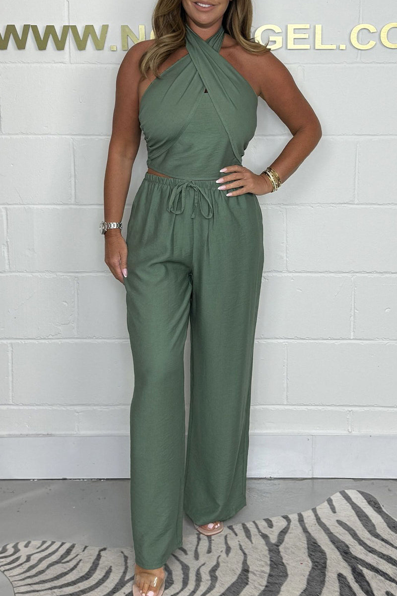 Conjunto informal de dos piezas con cuello halter, sin mangas, con bolsillos, color liso y cordones (4 colores)