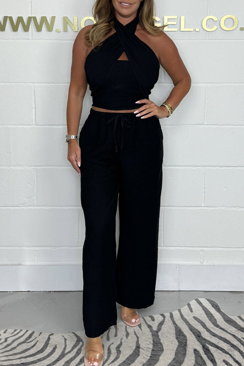 Conjunto informal de dos piezas con cuello halter, sin mangas, con bolsillos, color liso y cordones (4 colores)