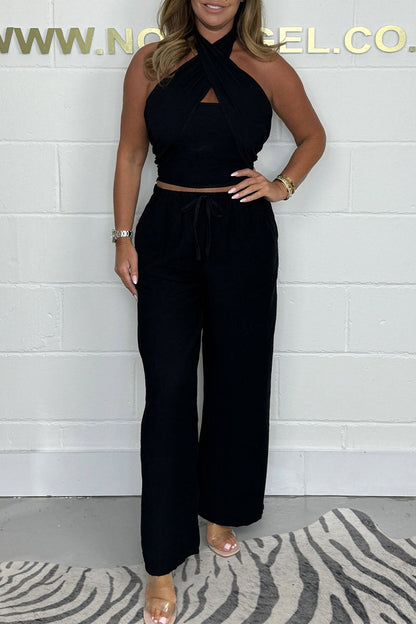 Conjunto informal de dos piezas con cuello halter, sin mangas, con bolsillos, color liso y cordones (4 colores)