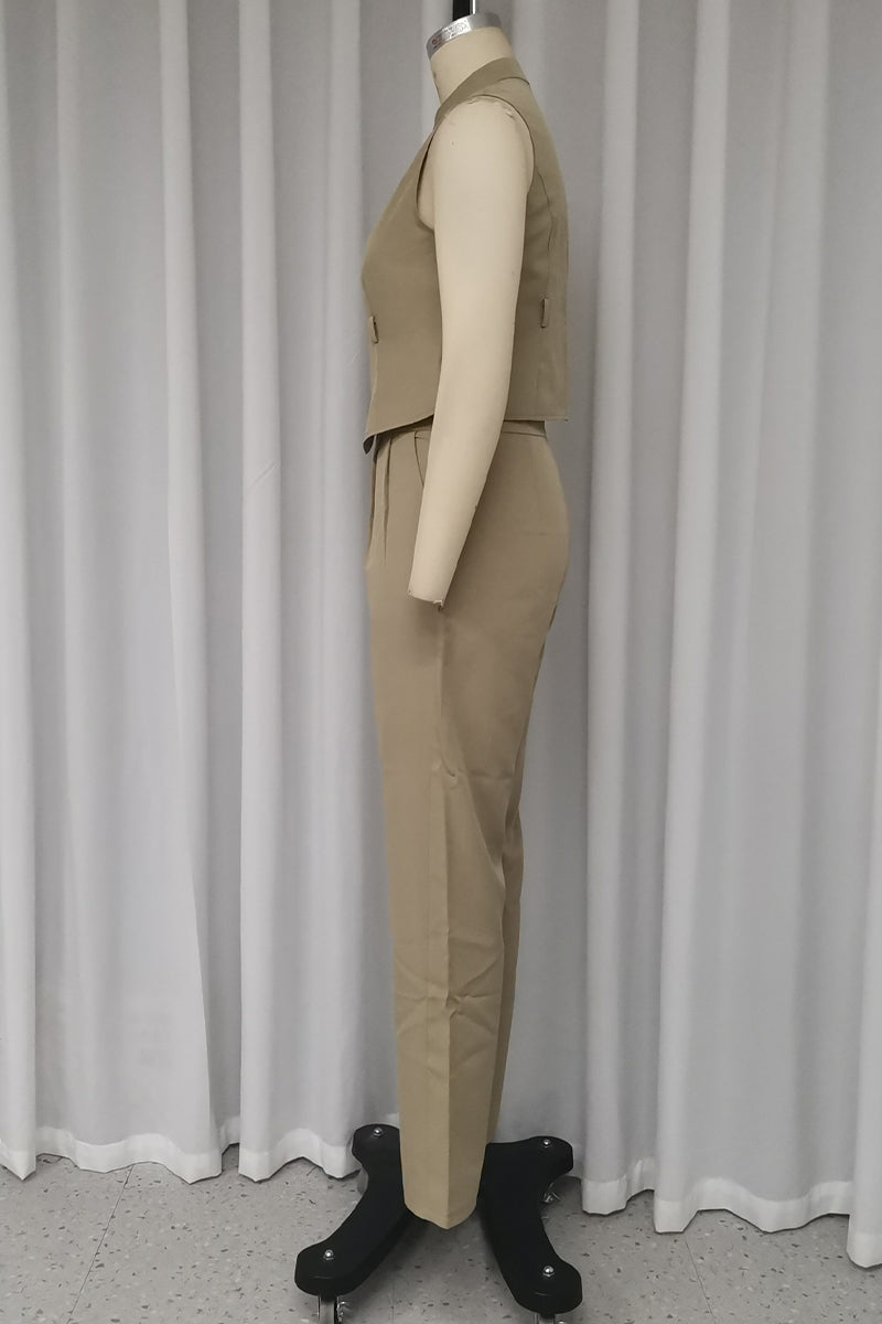 Conjunto informal de dos piezas, color liso, sin cinturón, con cremallera y cuello mandarín, sin mangas