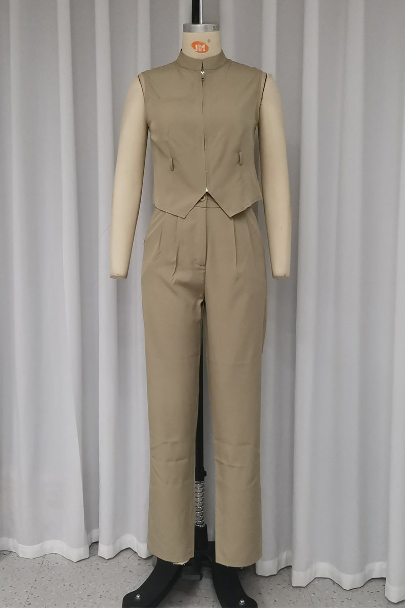 Conjunto informal de dos piezas, color liso, sin cinturón, con cremallera y cuello mandarín, sin mangas