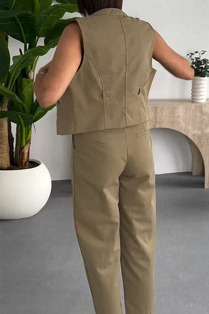 Conjunto informal de dos piezas, color liso, sin cinturón, con cremallera y cuello mandarín, sin mangas