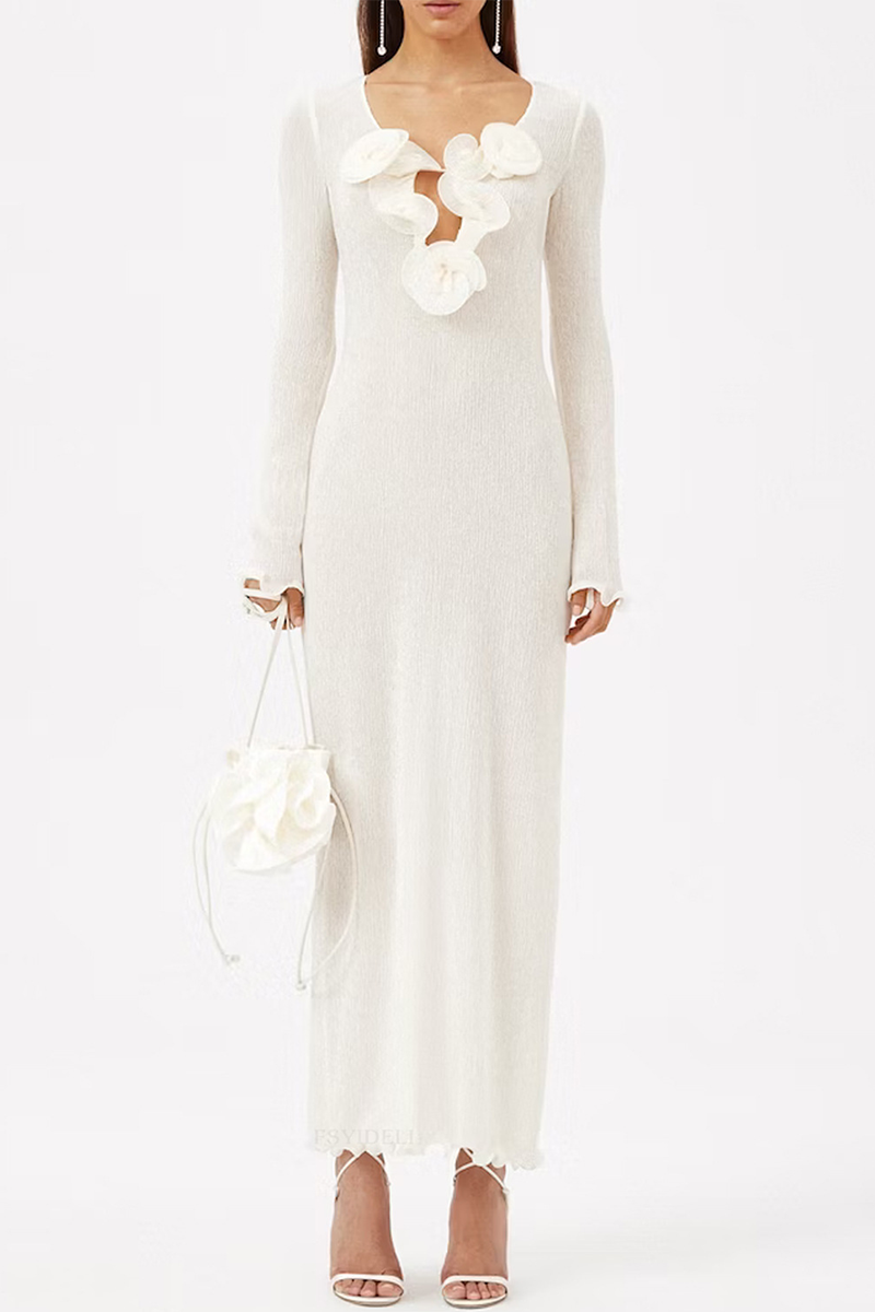 Vestidos sexis de color sólido con abertura en forma de flor, cuello en V y manga larga