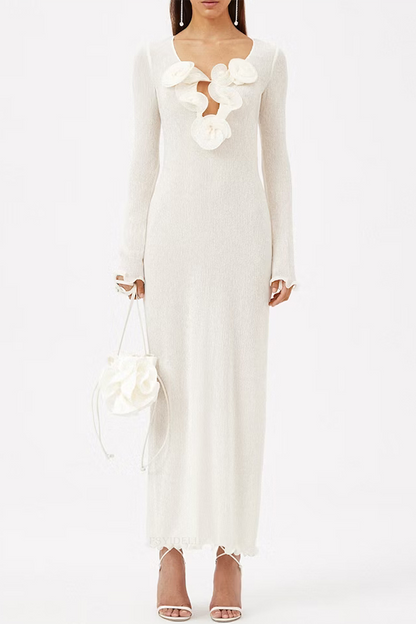 Vestidos sexis de color sólido con abertura en forma de flor, cuello en V y manga larga