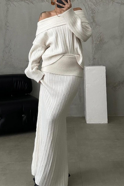 Conjunto de dos piezas sexy de manga larga con hombros descubiertos y parches de color liso (3 colores)