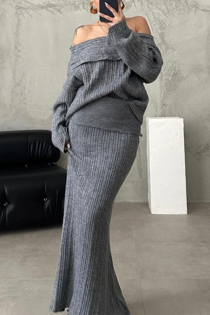 Conjunto de dos piezas sexy de manga larga con hombros descubiertos y parches de color liso (3 colores)