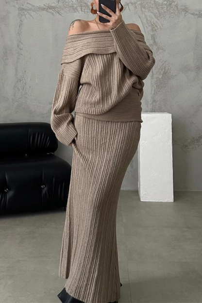 Conjunto de dos piezas sexy de manga larga con hombros descubiertos y parches de color liso (3 colores)