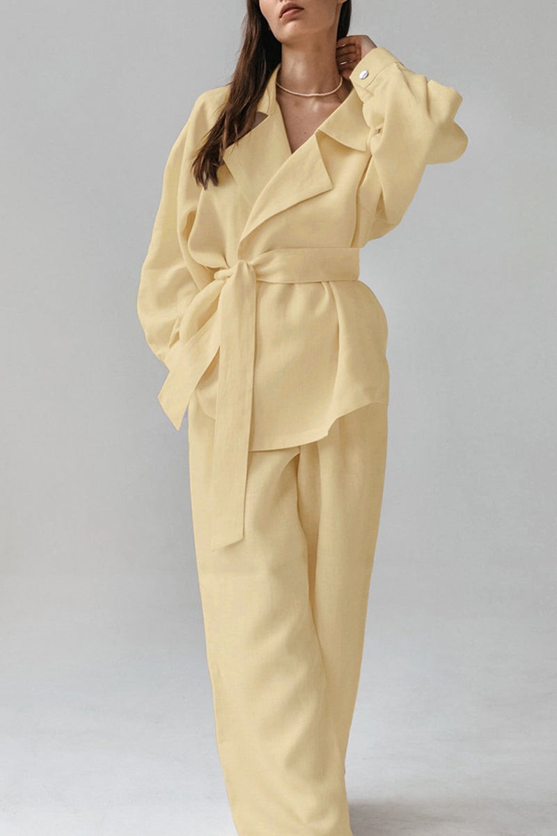 Conjunto informal de dos piezas con cuello vuelto, manga larga, color sólido, bolsillo, cordones y diario