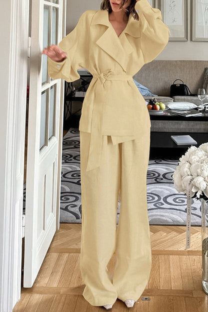 Conjunto informal de dos piezas con cuello vuelto, manga larga, color sólido, bolsillo, cordones y diario