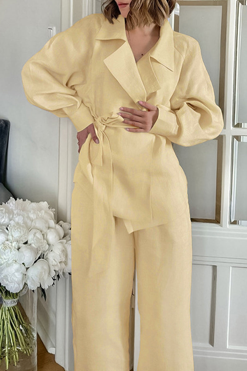 Conjunto informal de dos piezas con cuello vuelto, manga larga, color sólido, bolsillo, cordones y diario