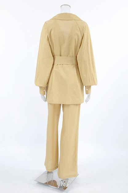 Conjunto informal de dos piezas con cuello vuelto, manga larga, color sólido, bolsillo, cordones y diario