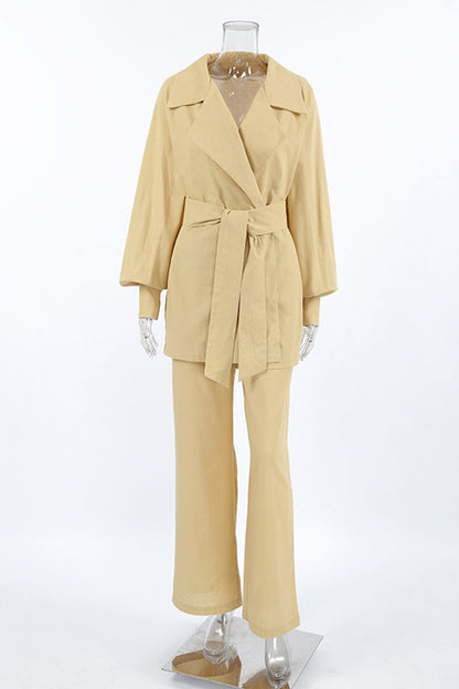 Conjunto informal de dos piezas con cuello vuelto, manga larga, color sólido, bolsillo, cordones y diario