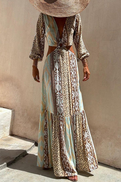 Vestidos sexis de vacaciones con estampado geométrico, calados, con cordones, espalda descubierta, escote en V, corte A