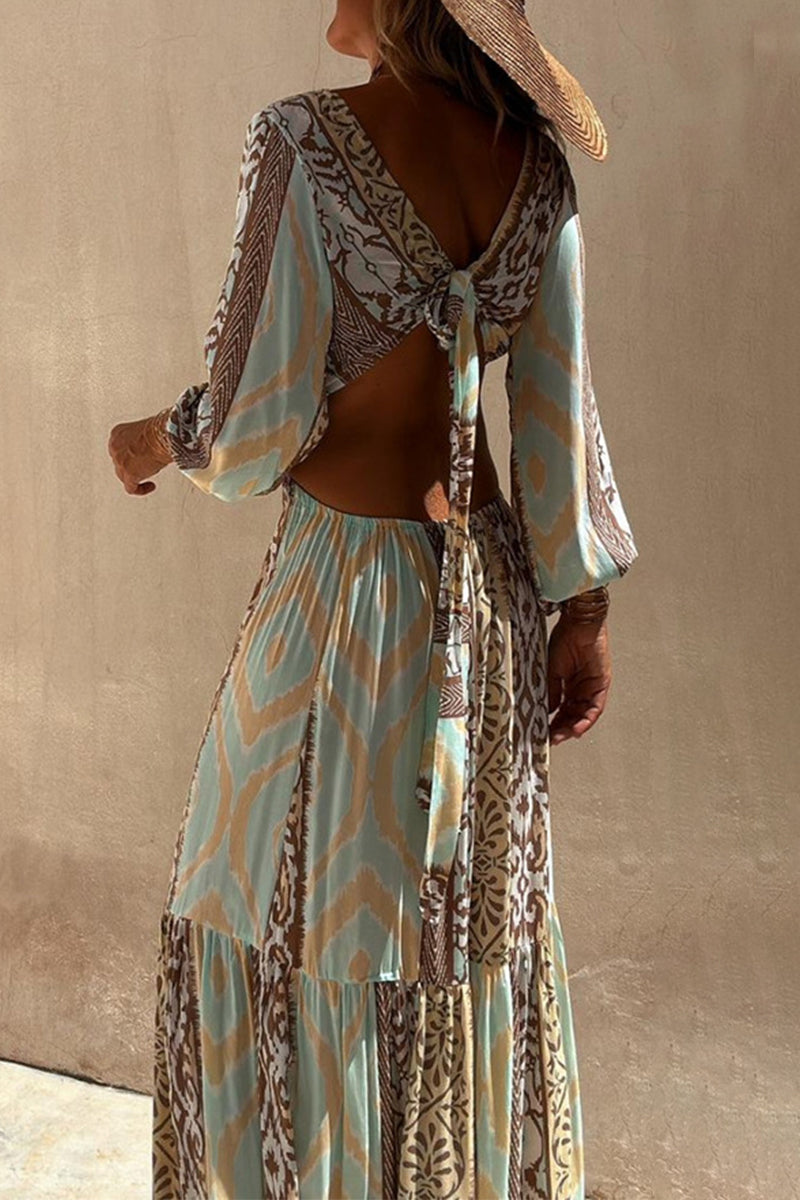 Vestidos sexis de vacaciones con estampado geométrico, calados, con cordones, espalda descubierta, escote en V, corte A