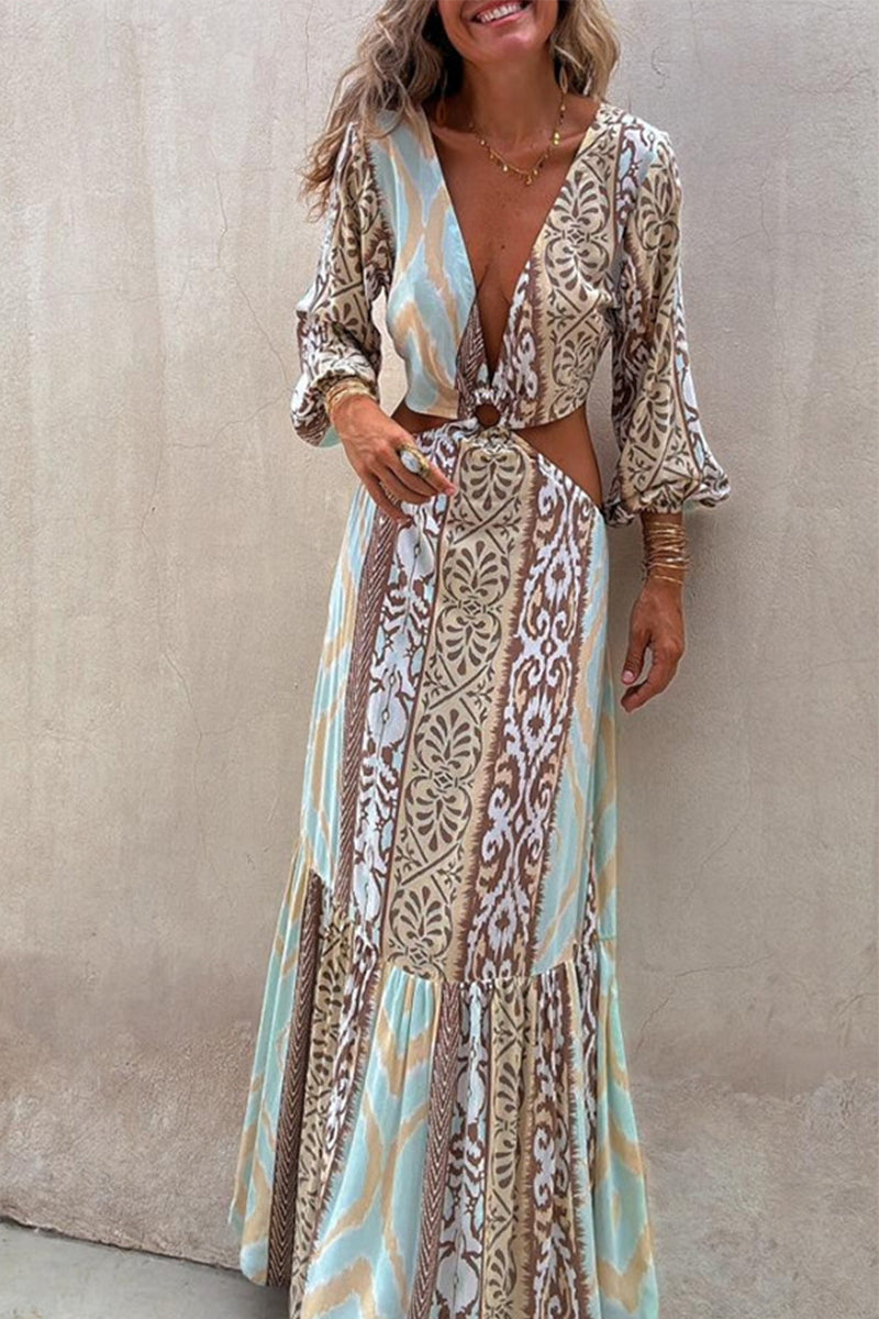 Vestidos sexis de vacaciones con estampado geométrico, calados, con cordones, espalda descubierta, escote en V, corte A