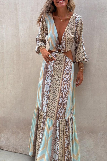 Vestidos sexis de vacaciones con estampado geométrico, calados, con cordones, espalda descubierta, escote en V, corte A