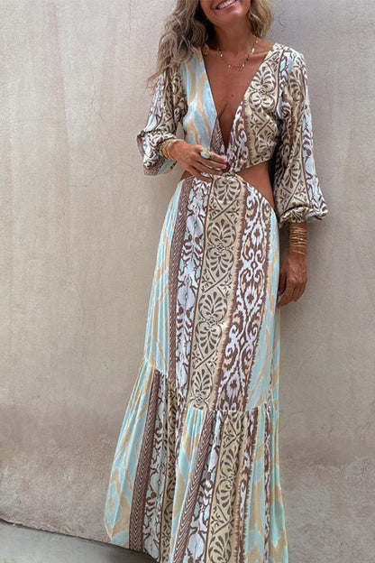 Vestidos sexis de vacaciones con estampado geométrico, calados, con cordones, espalda descubierta, escote en V, corte A