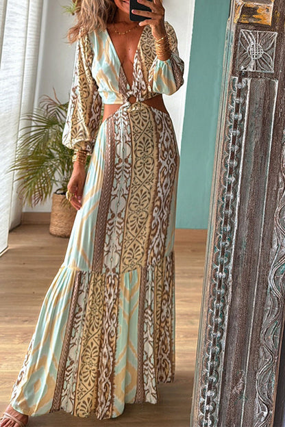 Vestidos sexis de vacaciones con estampado geométrico, calados, con cordones, espalda descubierta, escote en V, corte A