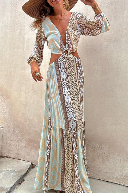 Vestidos sexis de vacaciones con estampado geométrico, calados, con cordones, espalda descubierta, escote en V, corte A