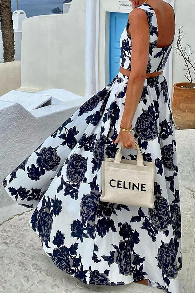 Conjunto informal de dos piezas con cuello en V, sin mangas y estampado de flores para vacaciones