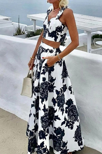 Conjunto informal de dos piezas con cuello en V, sin mangas y estampado de flores para vacaciones