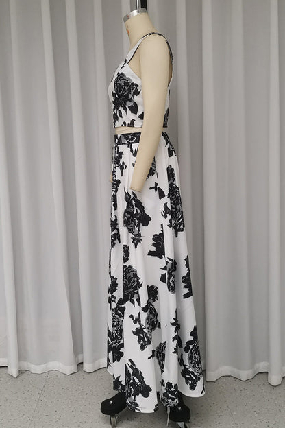 Conjunto informal de dos piezas con cuello en V, sin mangas y estampado de flores para vacaciones