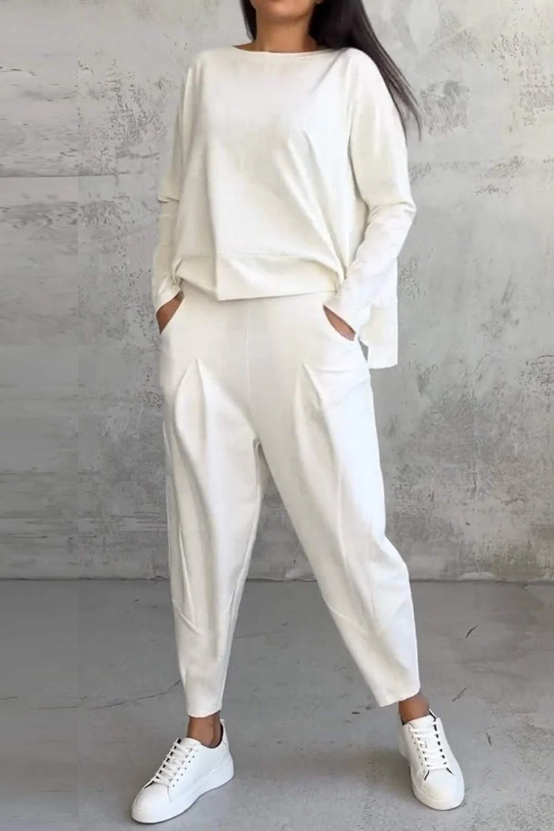 Conjunto informal de dos piezas con cuello redondo, manga larga y bolsillos en color liso (9 colores)