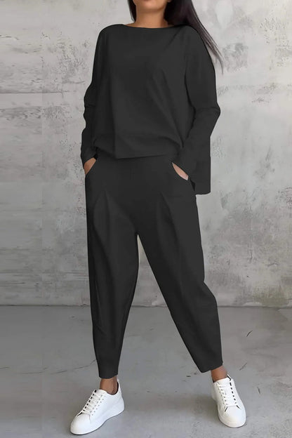 Conjunto informal de dos piezas con cuello redondo, manga larga y bolsillos en color liso (9 colores)