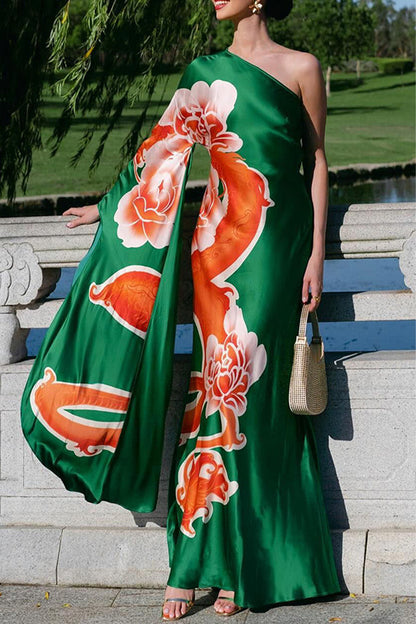 Vestidos elegantes con estampado de flores y hombros caídos en contraste irregular