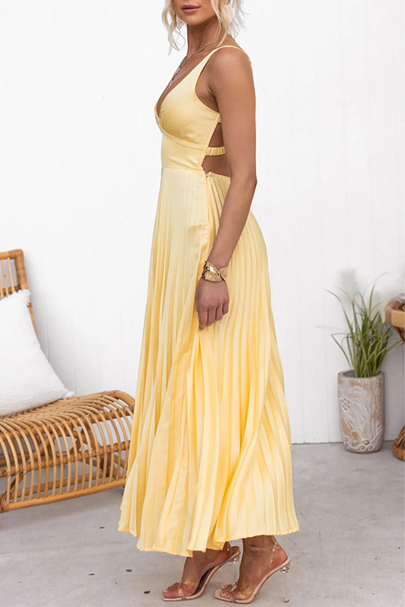 Vestidos sexis sin mangas con escote en V plisado en color sólido