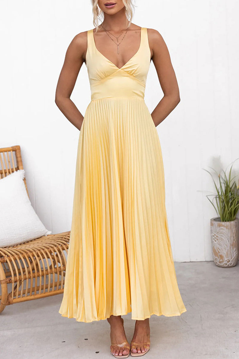 Vestidos sexis plisados con cuello en V sin mangas