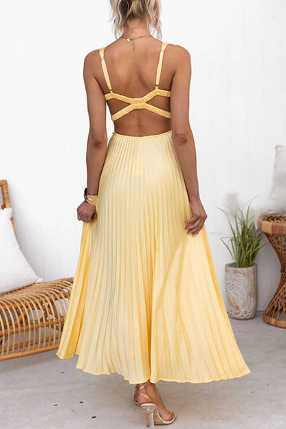 Vestidos sexis sin mangas con escote en V plisado en color sólido