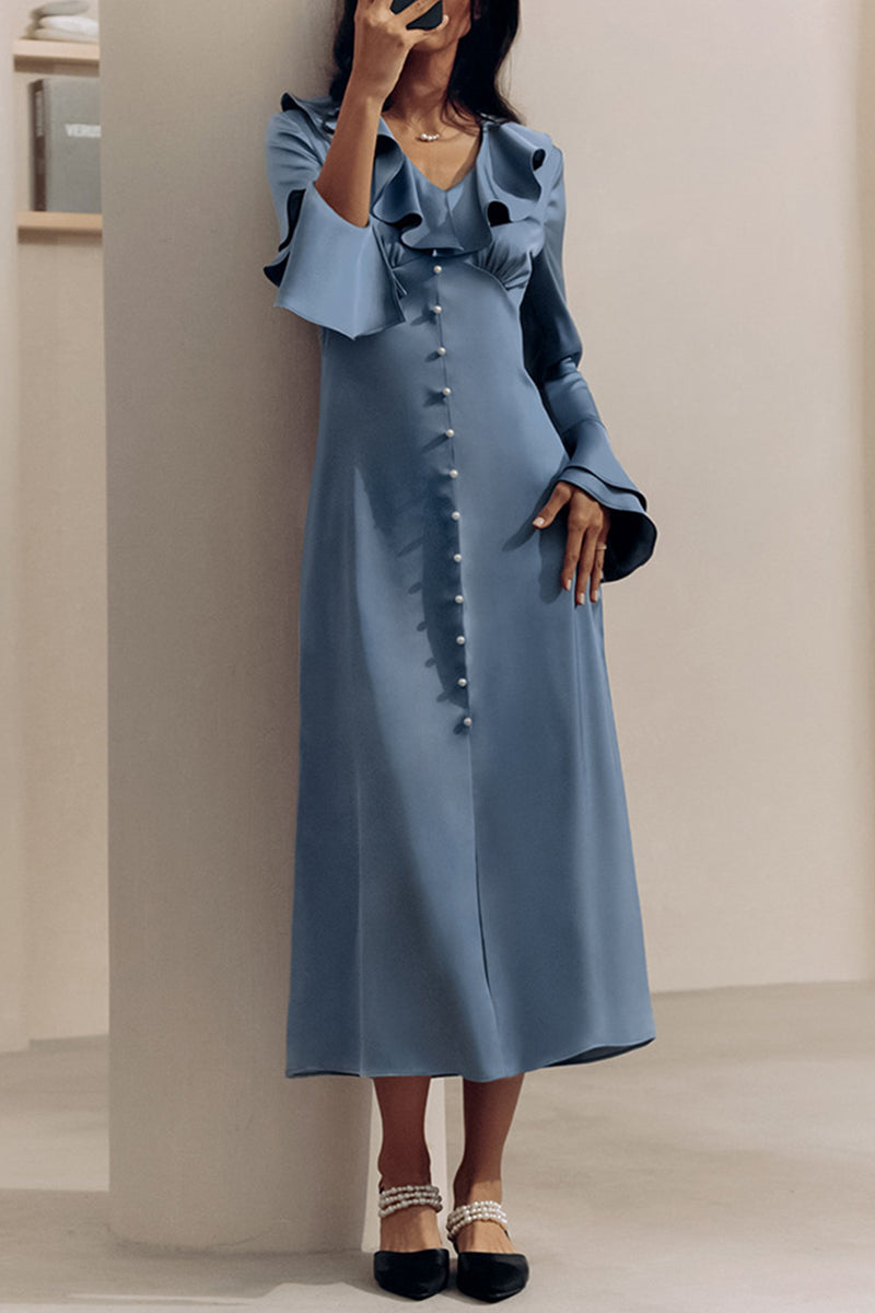 Vestidos elegantes de celebridades con botones de color sólido, volantes, cuello en V, línea A