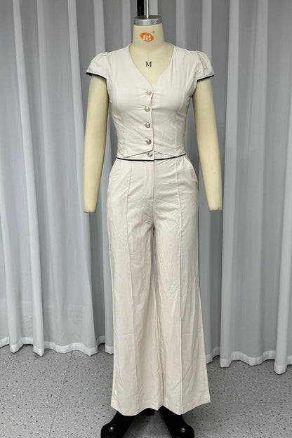 Conjunto informal de dos piezas con cuello en V, manga corta, botones y bolsillos de color liso