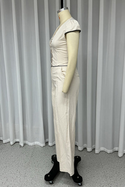 Conjunto informal de dos piezas con cuello en V, manga corta, botones y bolsillos de color liso