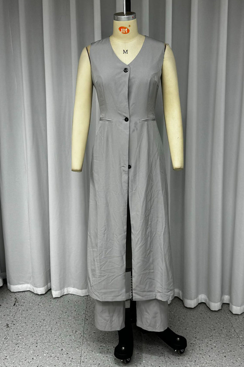 Conjunto informal de dos piezas con cuello en V, sin mangas, color liso, bolsillos, botones y calle