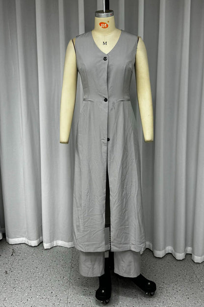 Conjunto informal de dos piezas con cuello en V, sin mangas, color liso, bolsillos, botones y calle