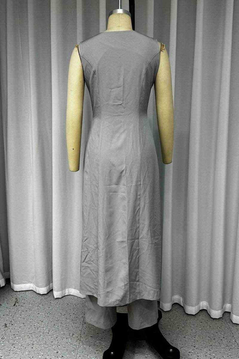 Conjunto informal de dos piezas con cuello en V, sin mangas, color liso, bolsillos, botones y calle