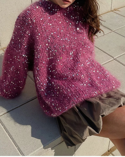 Suéteres casuales de cuello redondo con lentejuelas de color sólido